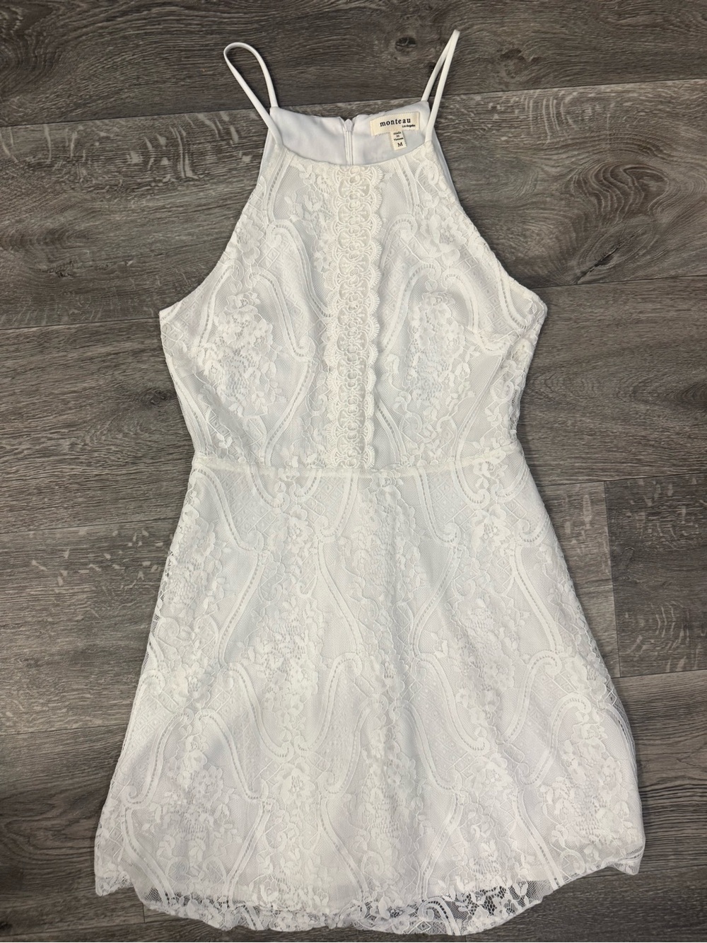 Monteau Off-White Floral Lace Halter A-Line Dress | Size Medium